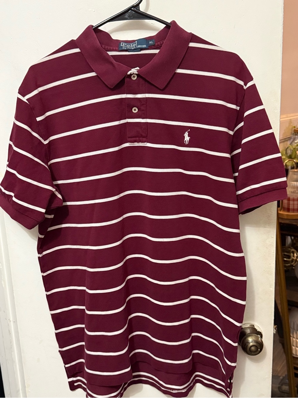 Ralph Lauren Men’s Maroon and White Striped Polo Shirt